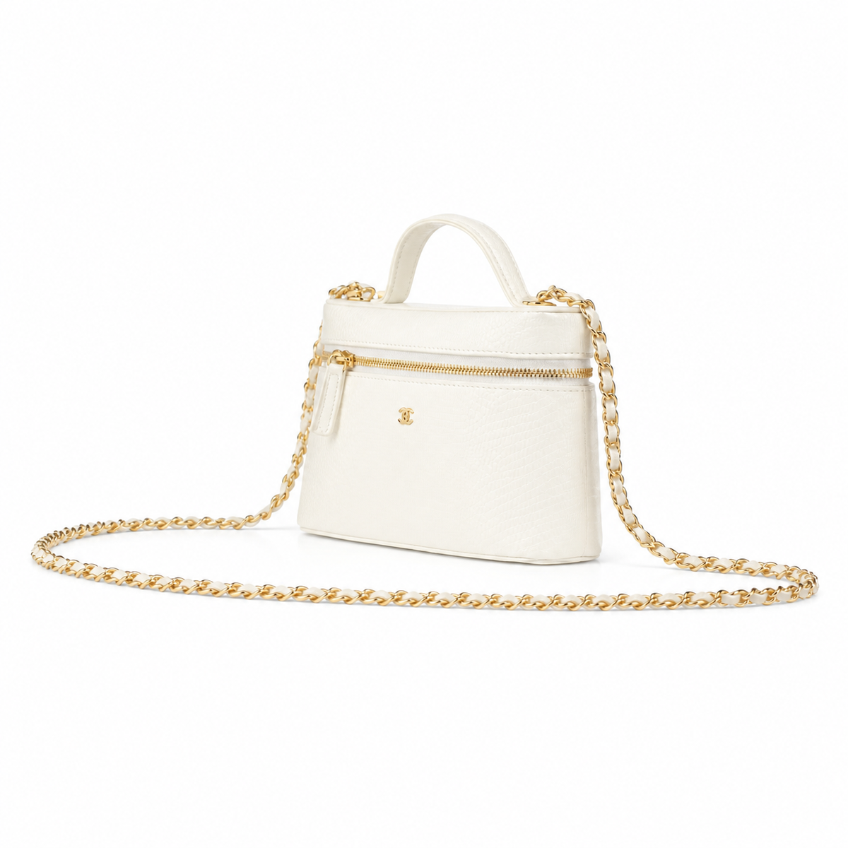 Chanel White Croc-Embossed Vanity Case | Back Zip Pocket & Lobster Clasp — 18cm