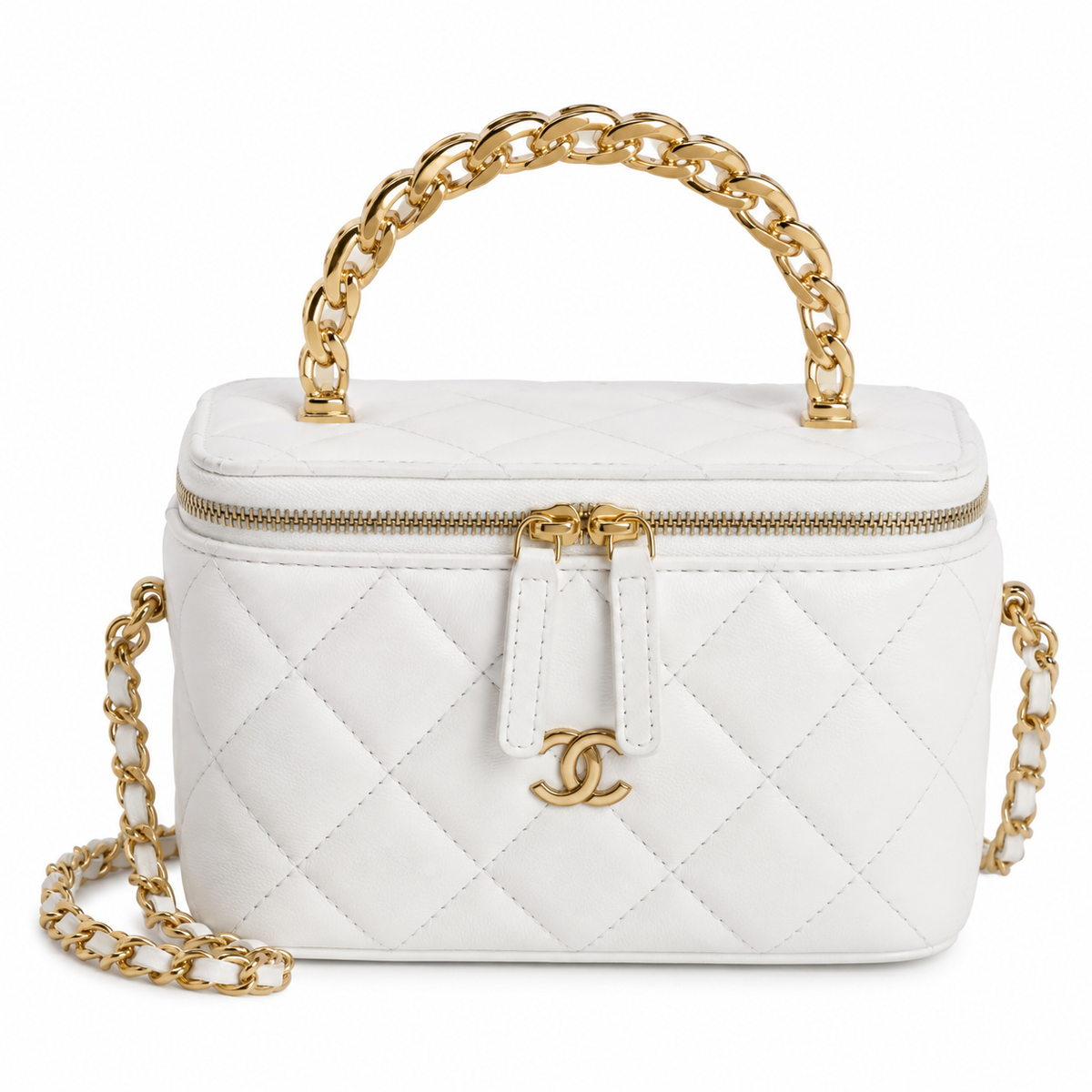 Chanel White Quilted Lambskin Vanity Box Bag | Gold CC Chain Handle