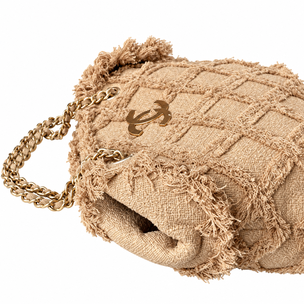Chanel Large Quilted Raffia Fringe Tote Bag Natural Beige Gold 48cm