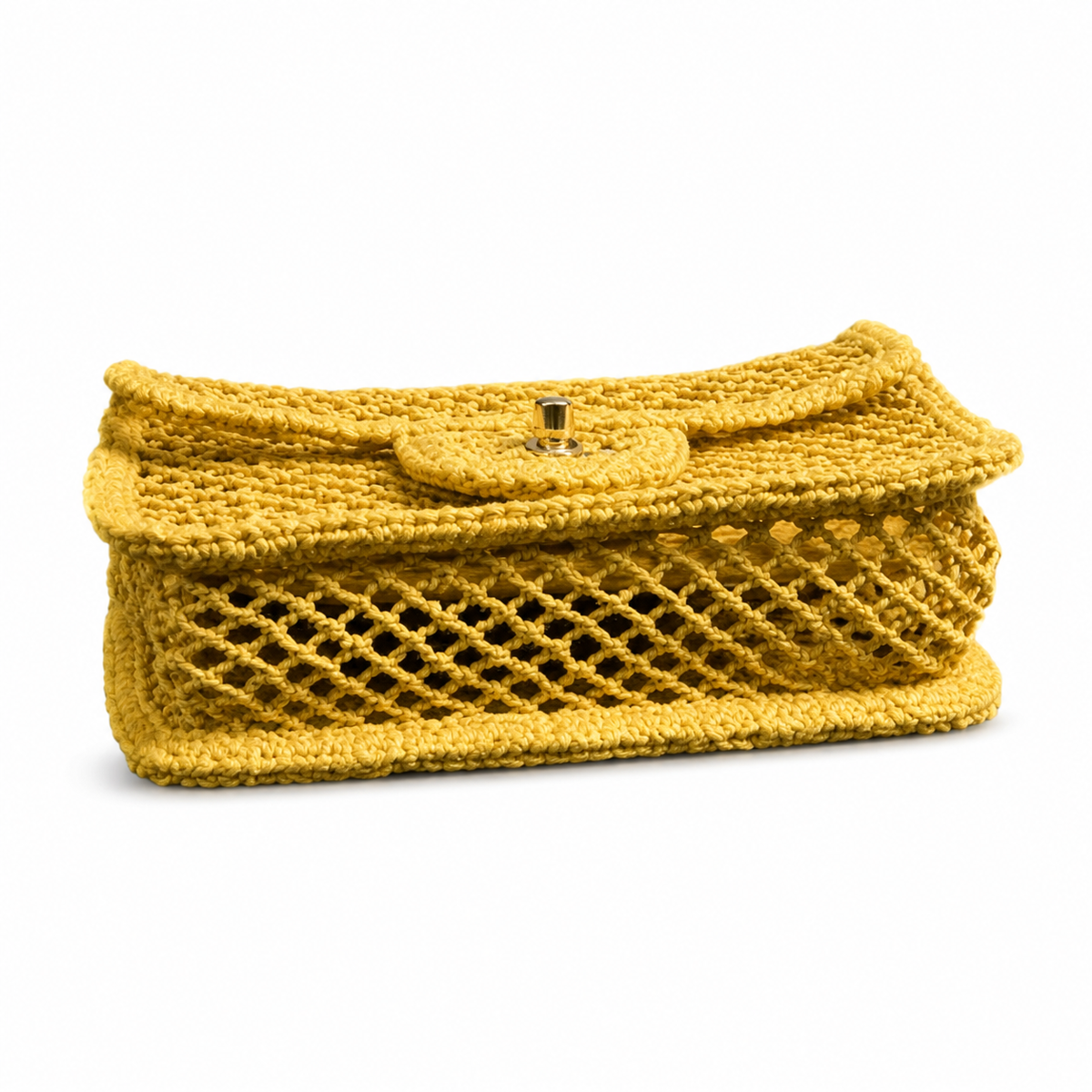 Chanel Sunshine Yellow Open-Weave Crochet Classic Double Flap | Gold CC — 21cm