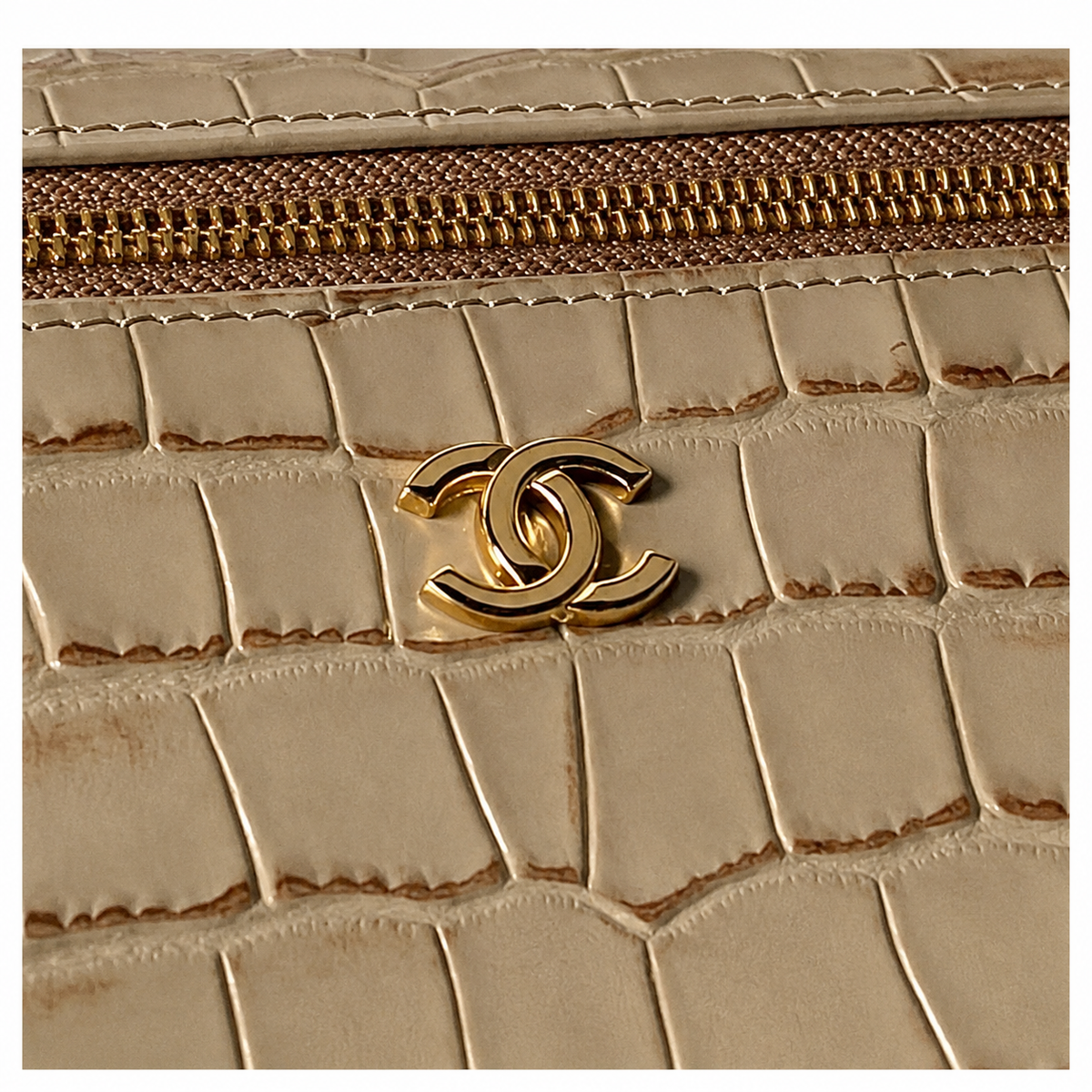 Chanel Taupe Croc-Embossed Structured Box Bag | Full-Width Front Zip & Antique Gold Chain