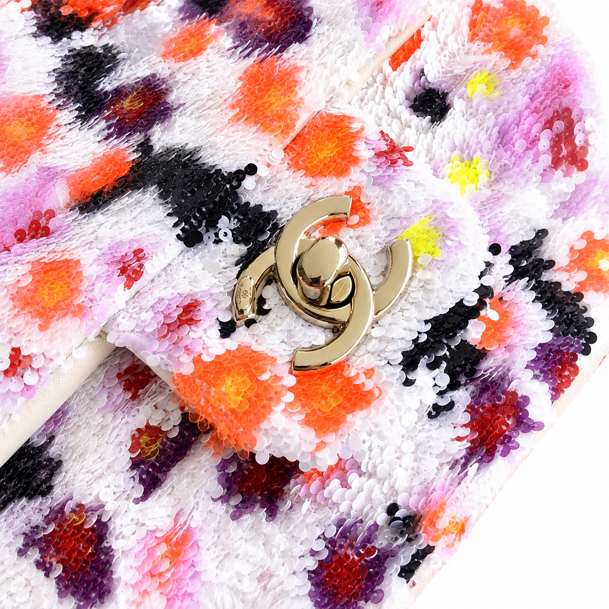 Chanel White Sequin Impressionist Floral Flap Bag | Coral, Pink & Lavender Clusters, Light Gold CC & White Leather Chain