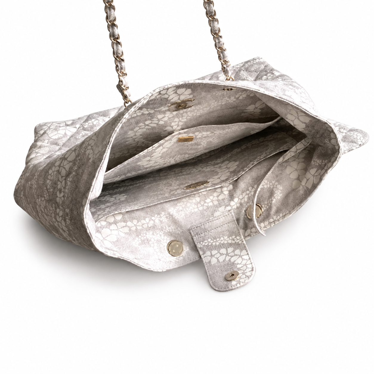 Chanel Grey & White Floral Jacquard Quilted Shopping Tote | Gold Oval Logo Plate, Silver Chain & Fabric Top Handle
