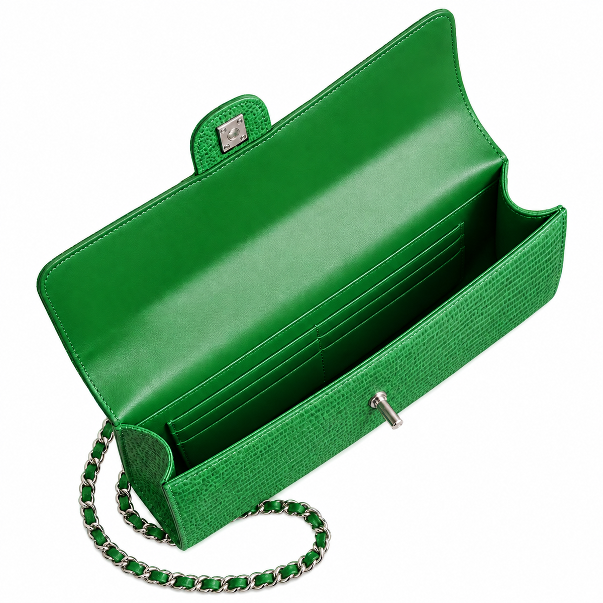 Chanel Emerald Green Lizard-Embossed Baguette Flap Bag | Top Handle & Tonal Silver Chain