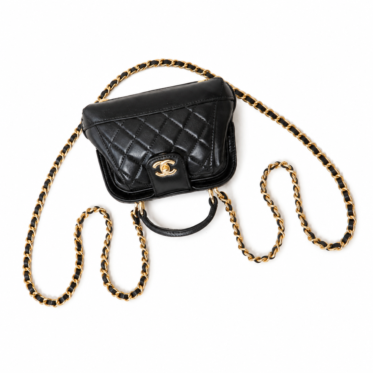 Chanel Mini Top Handle Box Bag | CC Turn-Lock Gold Chain Black — 9x13cm