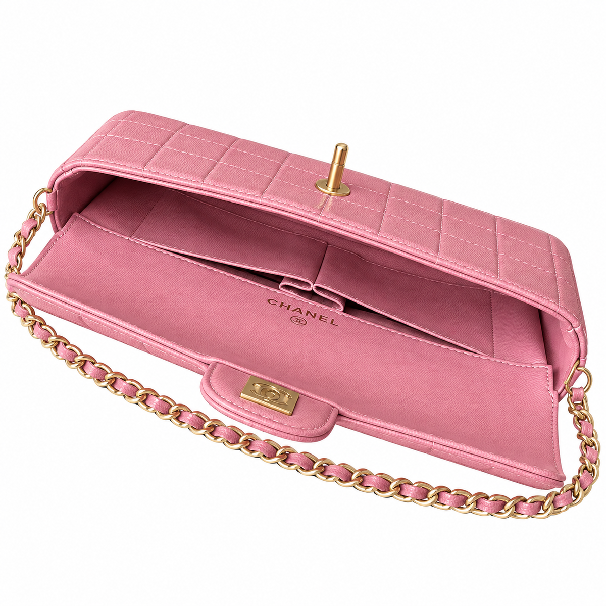 Chanel Square Quilted Lambskin East West Flap Bag Pink Gold 26cm