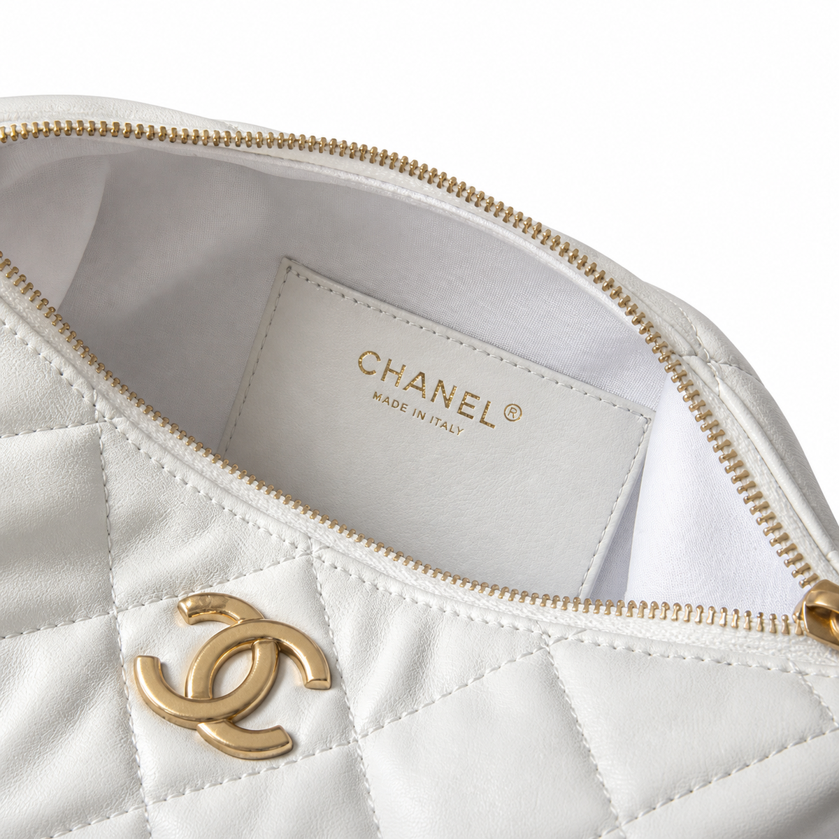 Chanel White Quilted Lambskin Hobo | Draped Gold Chain & Quilted Oval Charm — 26cm