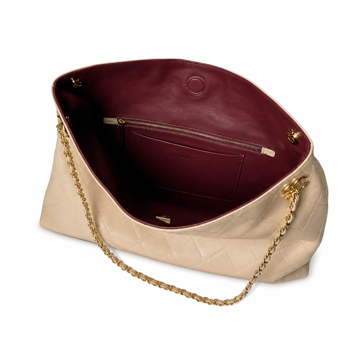 Chanel CC Diagonal Quilted Lambskin Tote | Beige & Gold Chain — 40cm