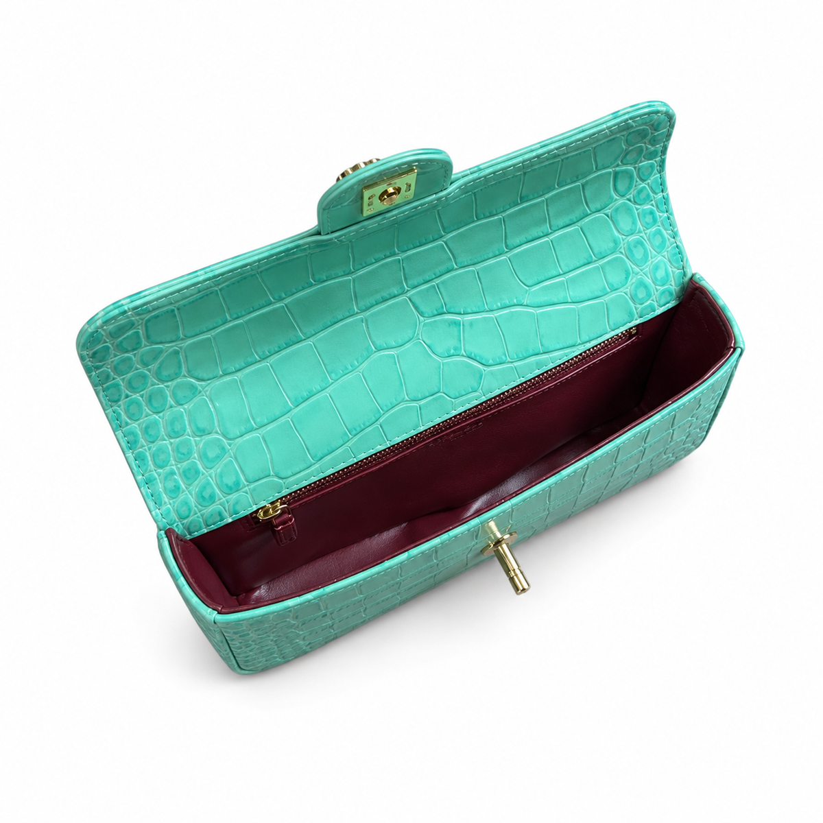 Chanel Aqua Turquoise Croc-Embossed Flap Bag | Pearl CC Turn-Lock & Letter Charm Chain