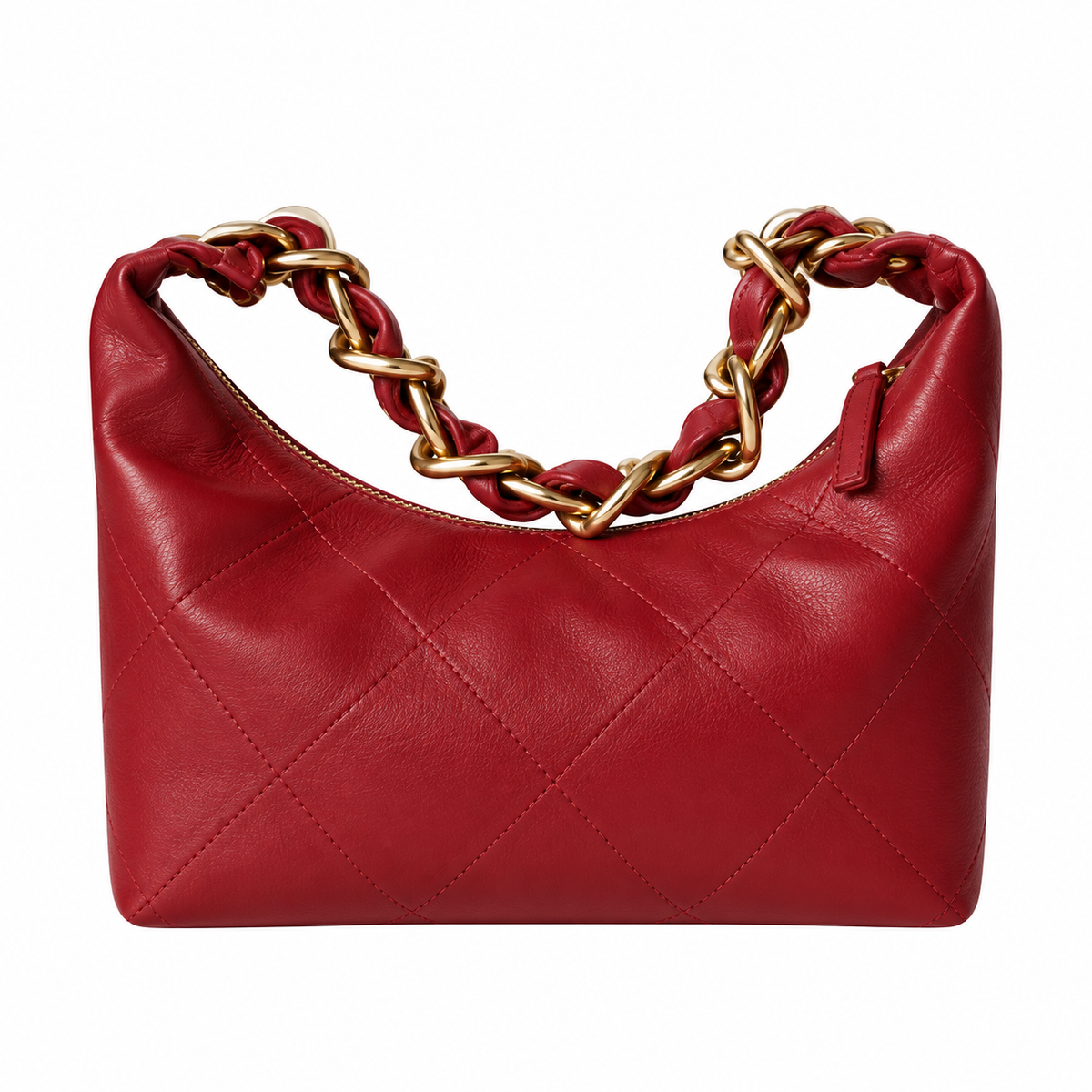 Chanel Zip Hobo Quilted Lambskin Red Chunky Chain Handle Gold 28cm