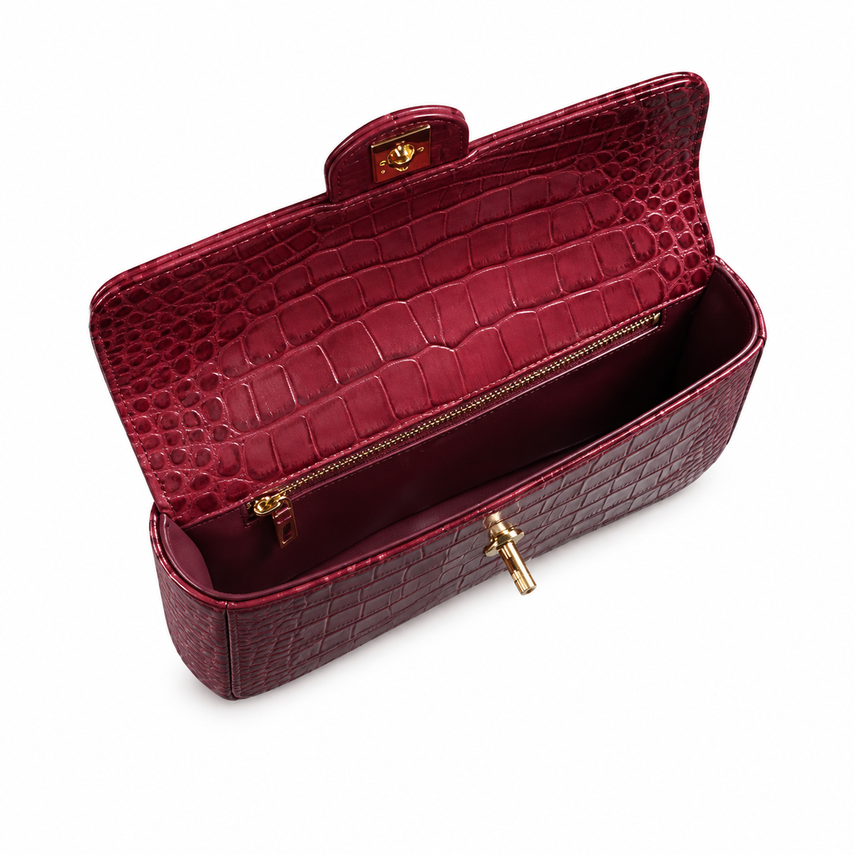 Chanel Ruby Red Croc-Embossed Flap Bag | Gold Bar Push-Lock & Multi-Stone Jewelled Tassel