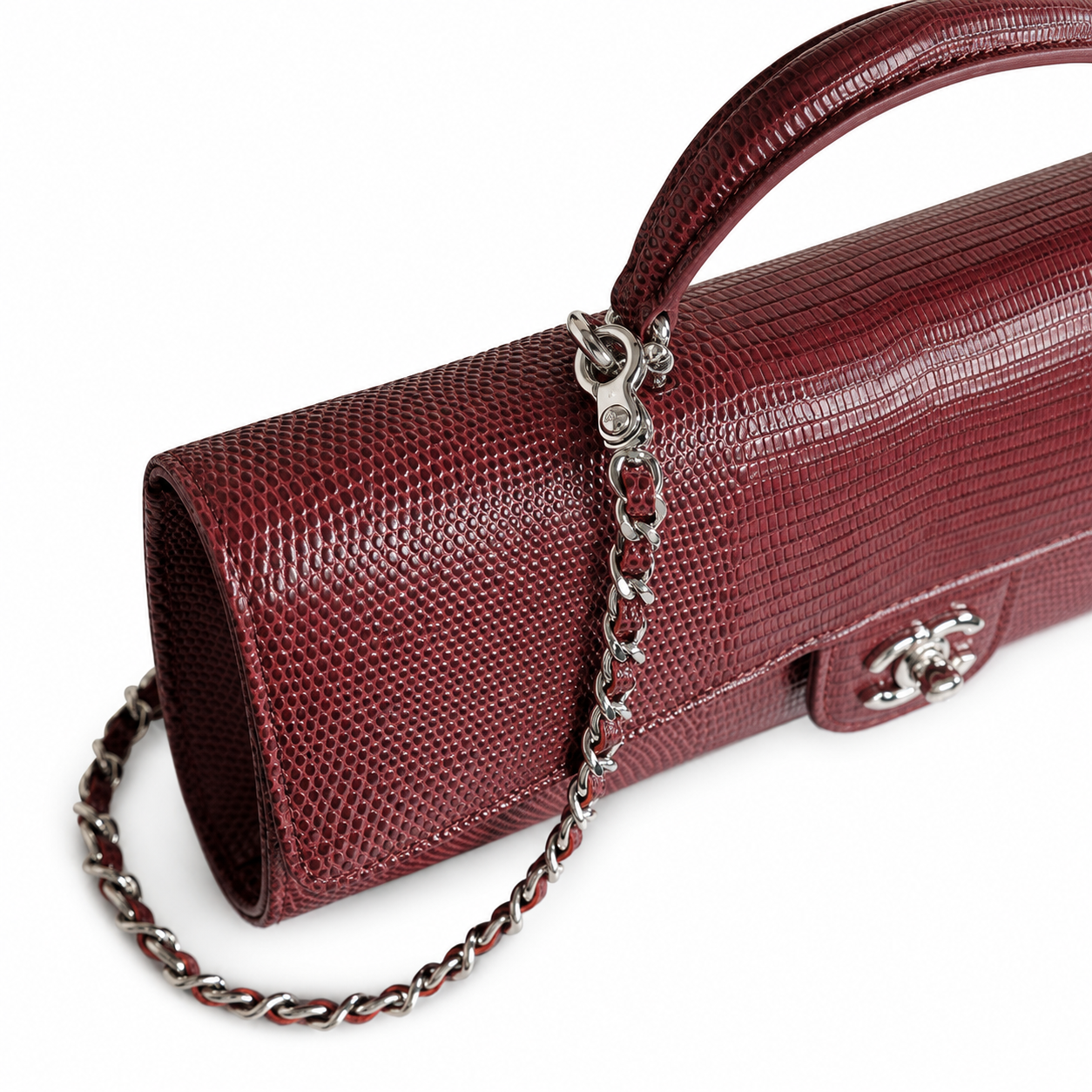 Chanel Cherry Red Lizard-Embossed Baguette Flap Bag | Top Handle & Red-Threaded Silver Chain