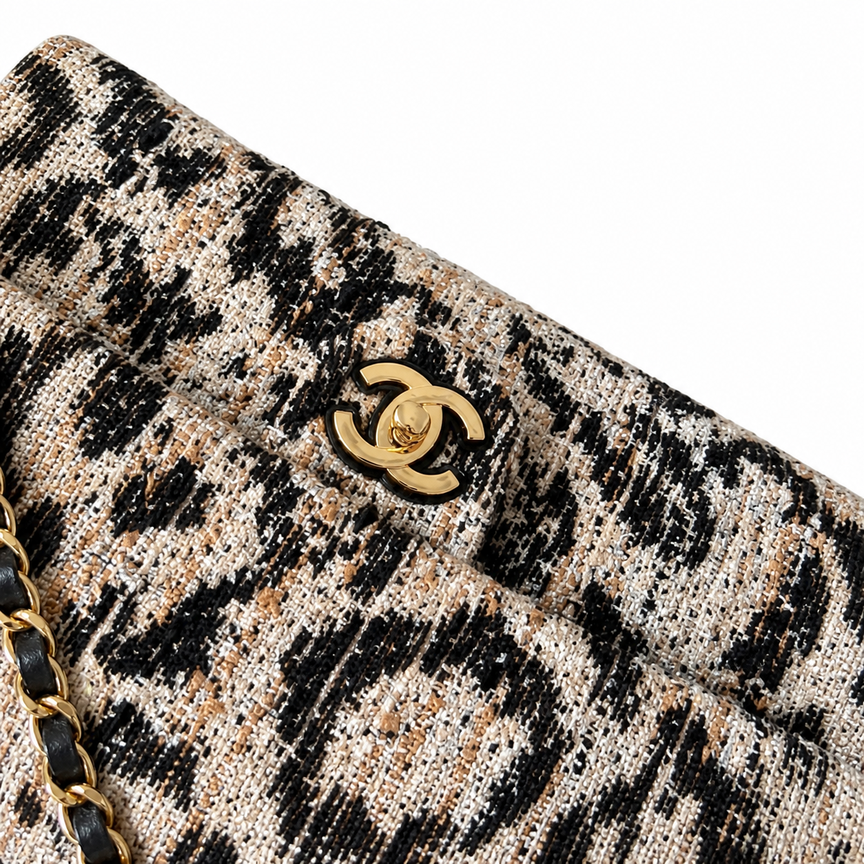 Chanel Classic Flap Bag Leopard Print Tweed Black Beige | Aged Gold CC — 32cm