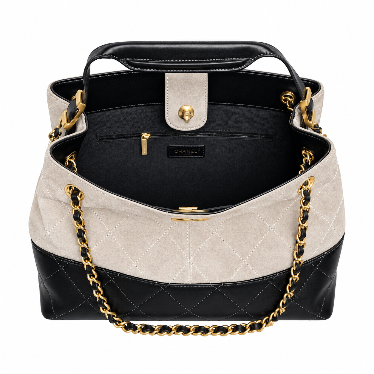 Chanel 24B Bicolor Suede Lambskin Quilted Hobo Bag Stone Black 24×36×14cm