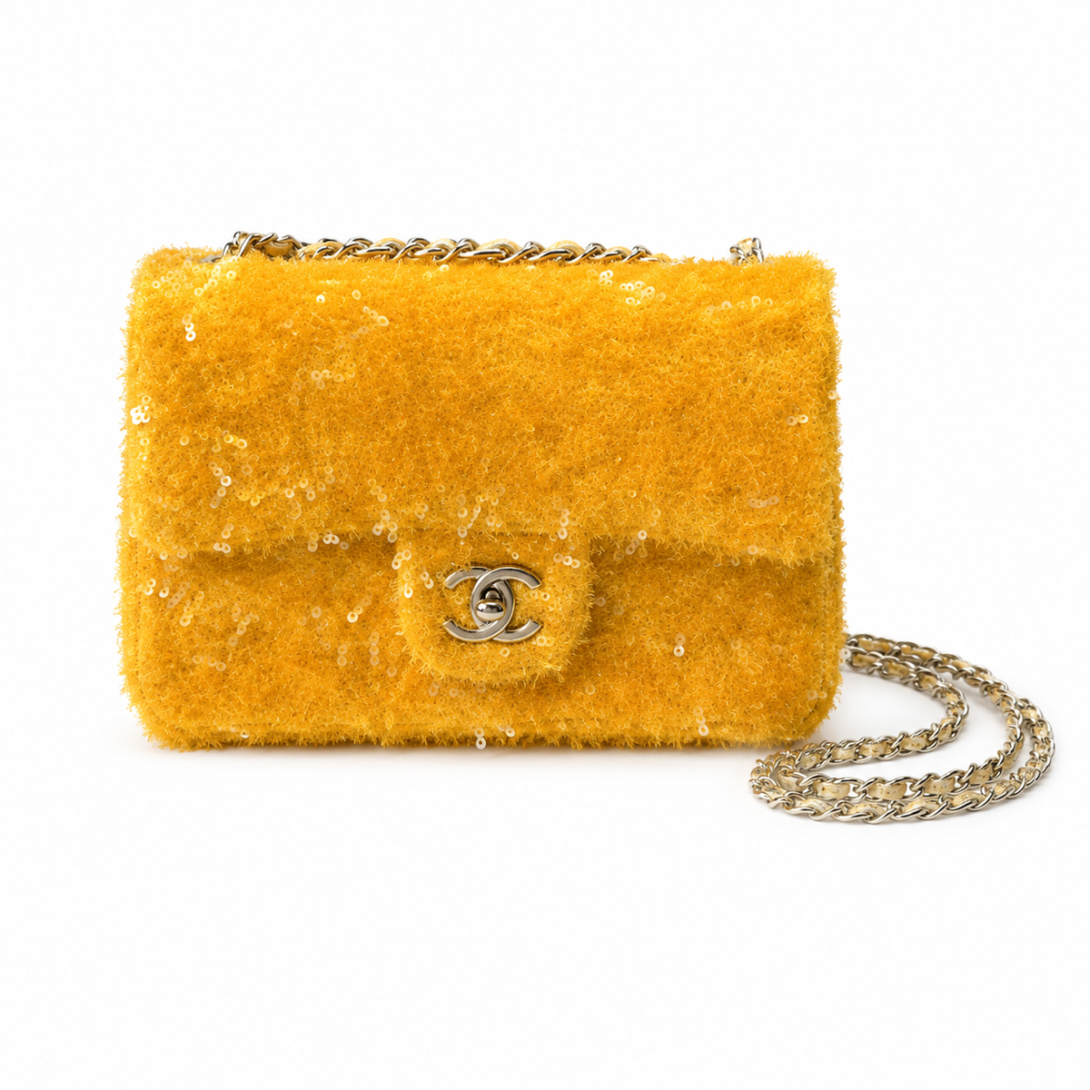 Chanel Sunflower Yellow Sequin on Bouclé Flap Bag | Silver CC & Cream Leather Interior