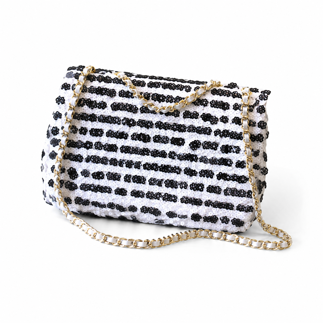 Chanel Floral Bead Stripe Flap Bag | CC Gold Chain Black White — 14x21cm