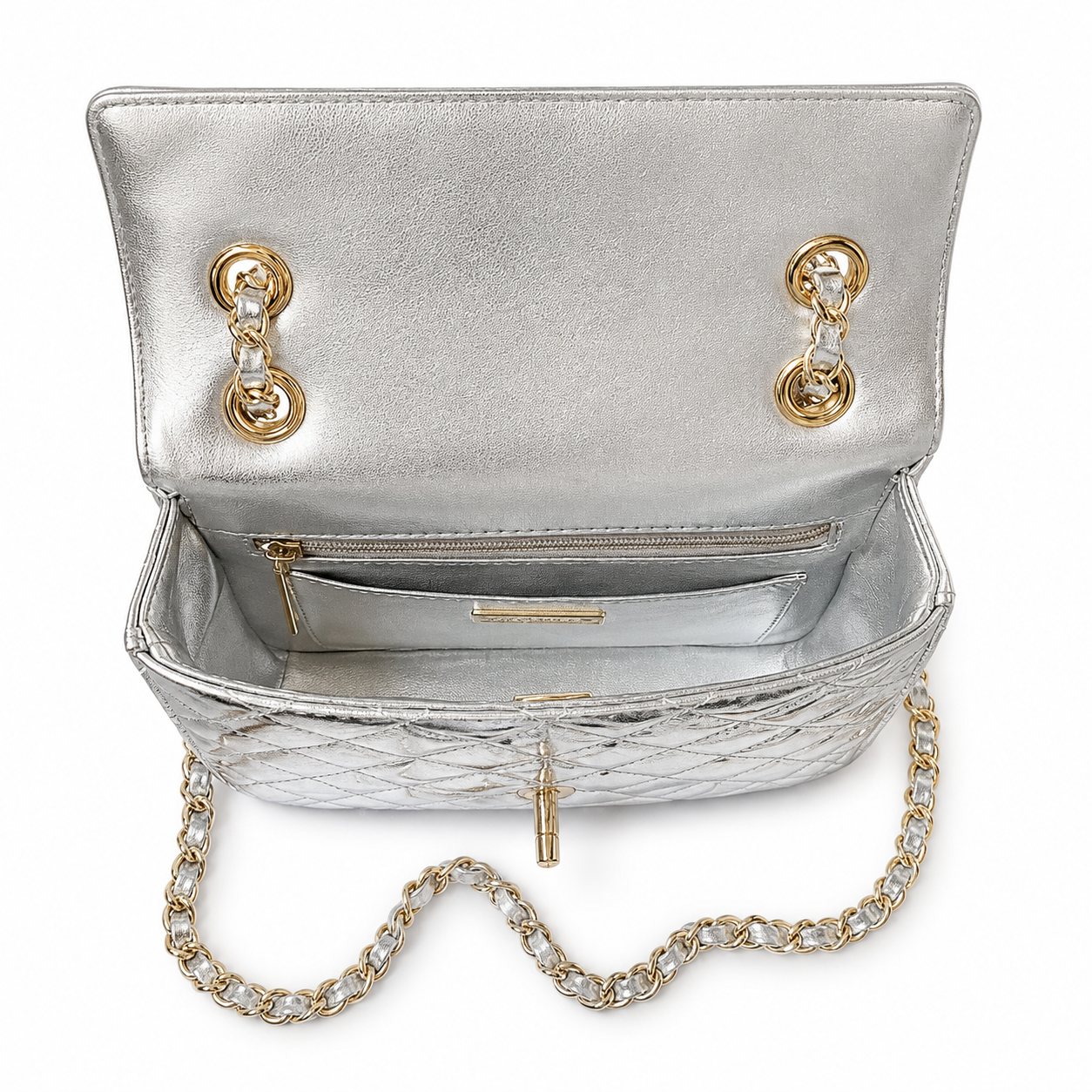 Chanel Mirror Metallic Quilted Flap Bag | CC Turn-Lock Silver Chain — 15x20cm