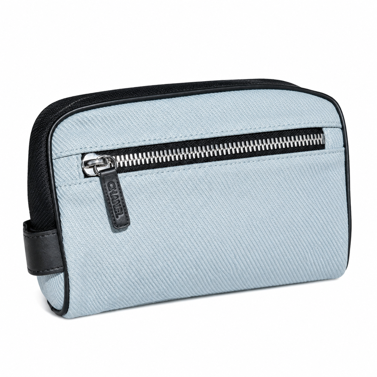 Chanel Powder Blue Canvas Camera Bag | Black CC Appliqué, Black Leather Trim & Double Zip