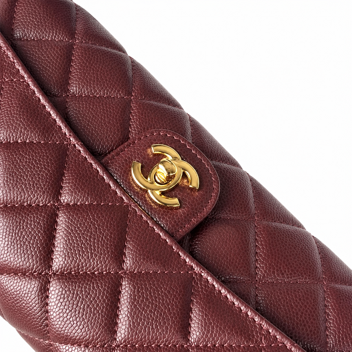 Chanel Dark Burgundy Diamond-Quilted Grained Leather Elongated Flap Bag | Top Handle & Gold Chain