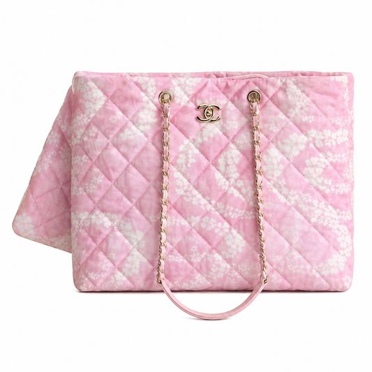 Chanel Pink Floral Jacquard Quilted Shopping Tote | Rose Gold CC Turn-Lock, Dual Tube Handles & Rose Gold Chain
