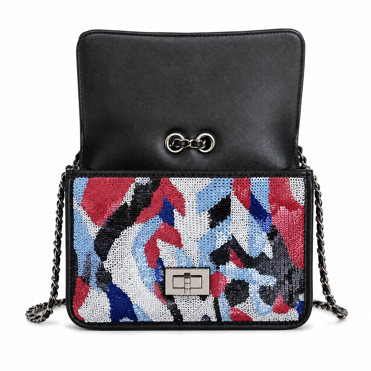 Chanel Oversized Chevron Sequin Flap Bag | Sky Blue, Red, Black & Navy Wrap-Around, Silver Ball CC & Navy Chain