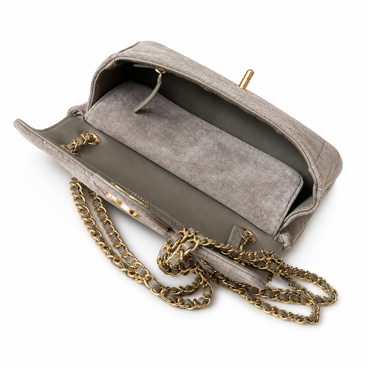 Chanel Classic Single Flap Bag Dove Grey Quilted Suede | Matte Gold CC Turn-Lock — 20cm