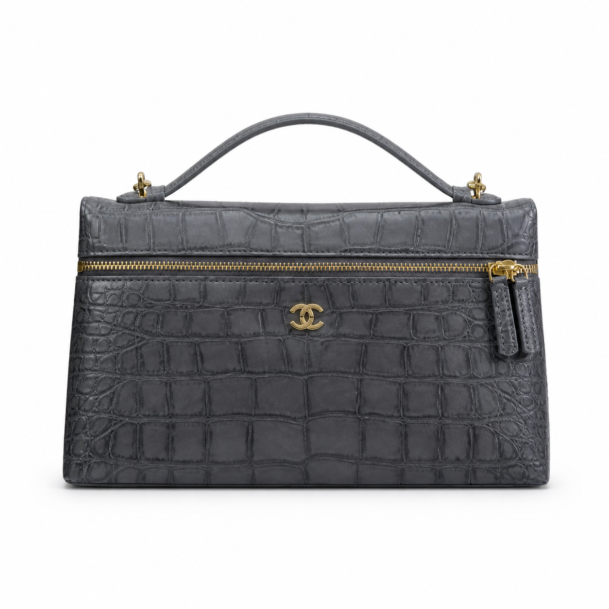 Chanel Slate Blue-Grey Croc Zip-Top Boxy Tote | Gold CC & Burgundy Interior — 29cm