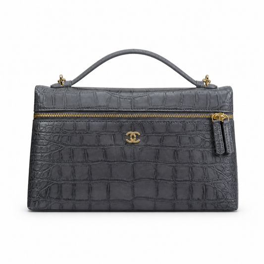 Chanel Slate Blue-Grey Croc Zip-Top Boxy Tote | Gold CC & Burgundy Interior — 29cm