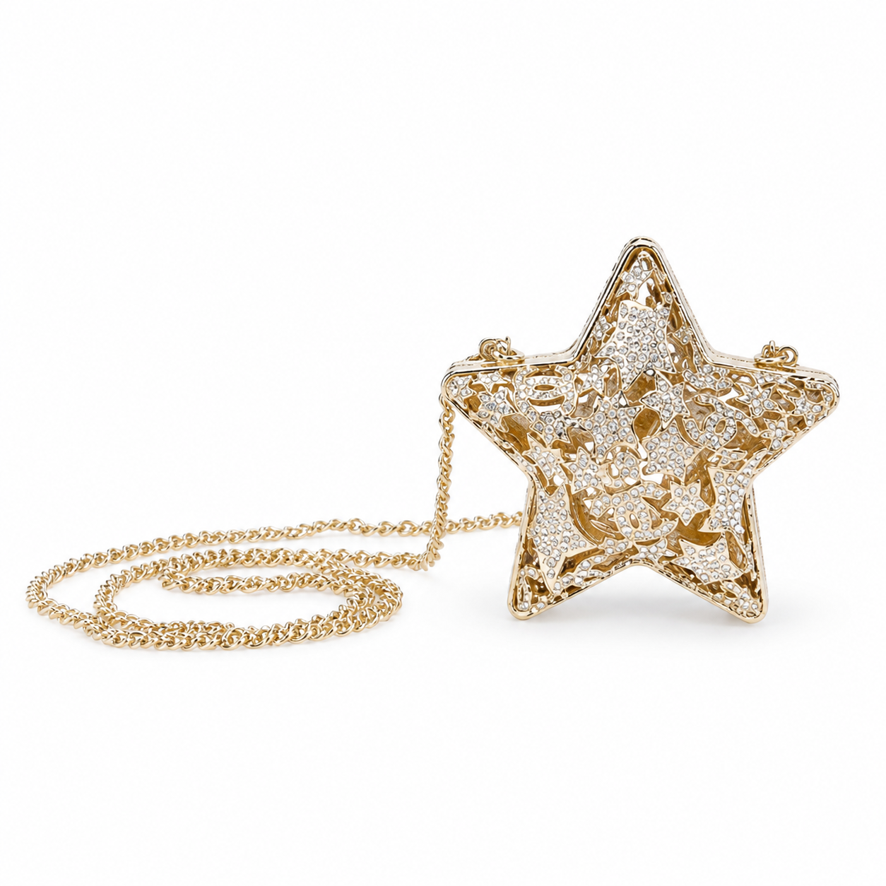 Chanel CC Pavé Crystal Star Minaudiere | Gold Filigree & Chain — 13cm
