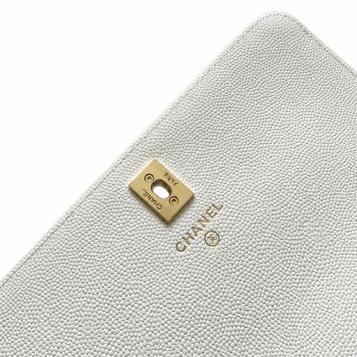 Chanel Wallet on Chain WOC White Caviar | Light Gold CC Clasp & Silver Chain — 19cm