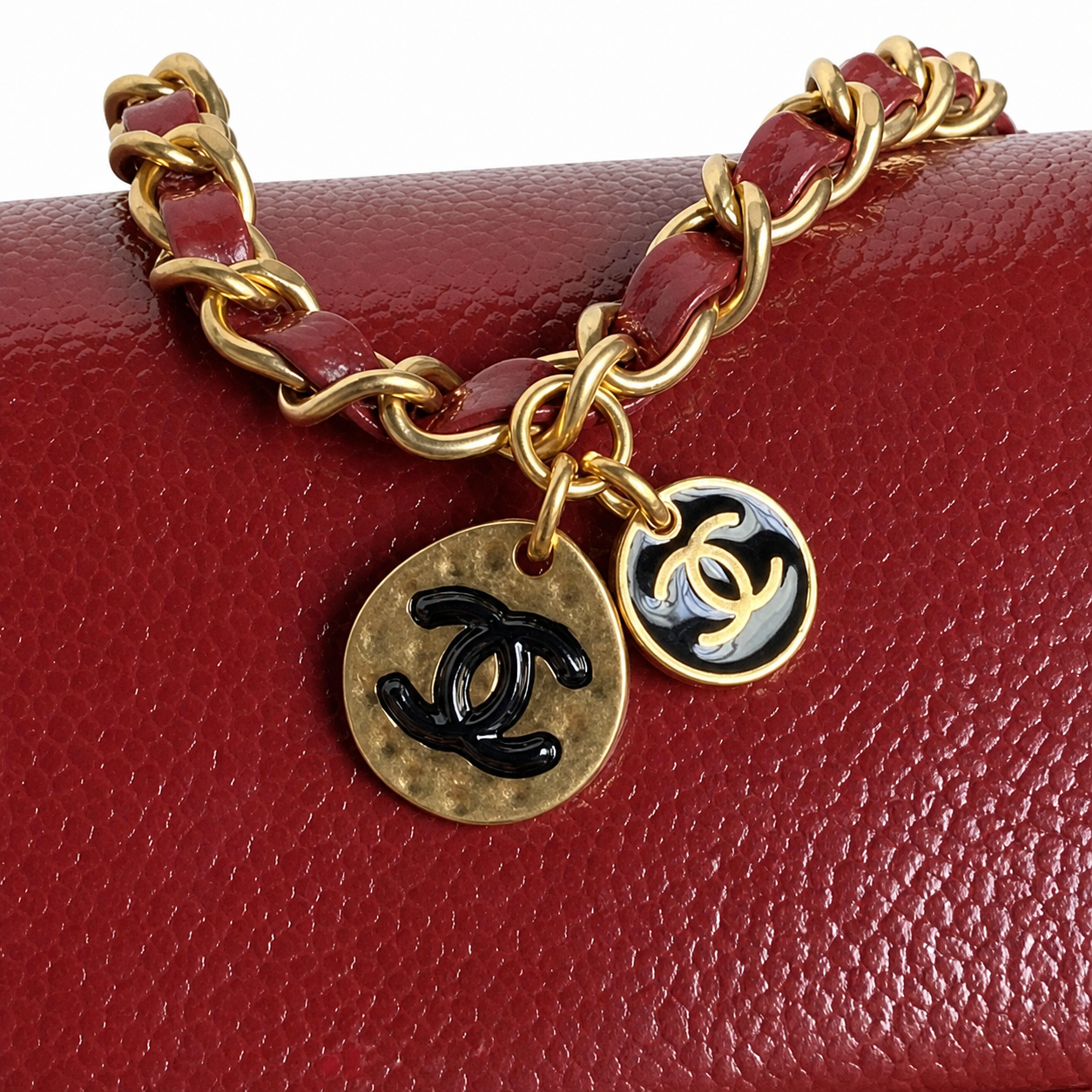 Chanel Mini Flap Bag Red Caviar Leather | Aged Gold CC & Red Chain — 17.5cm