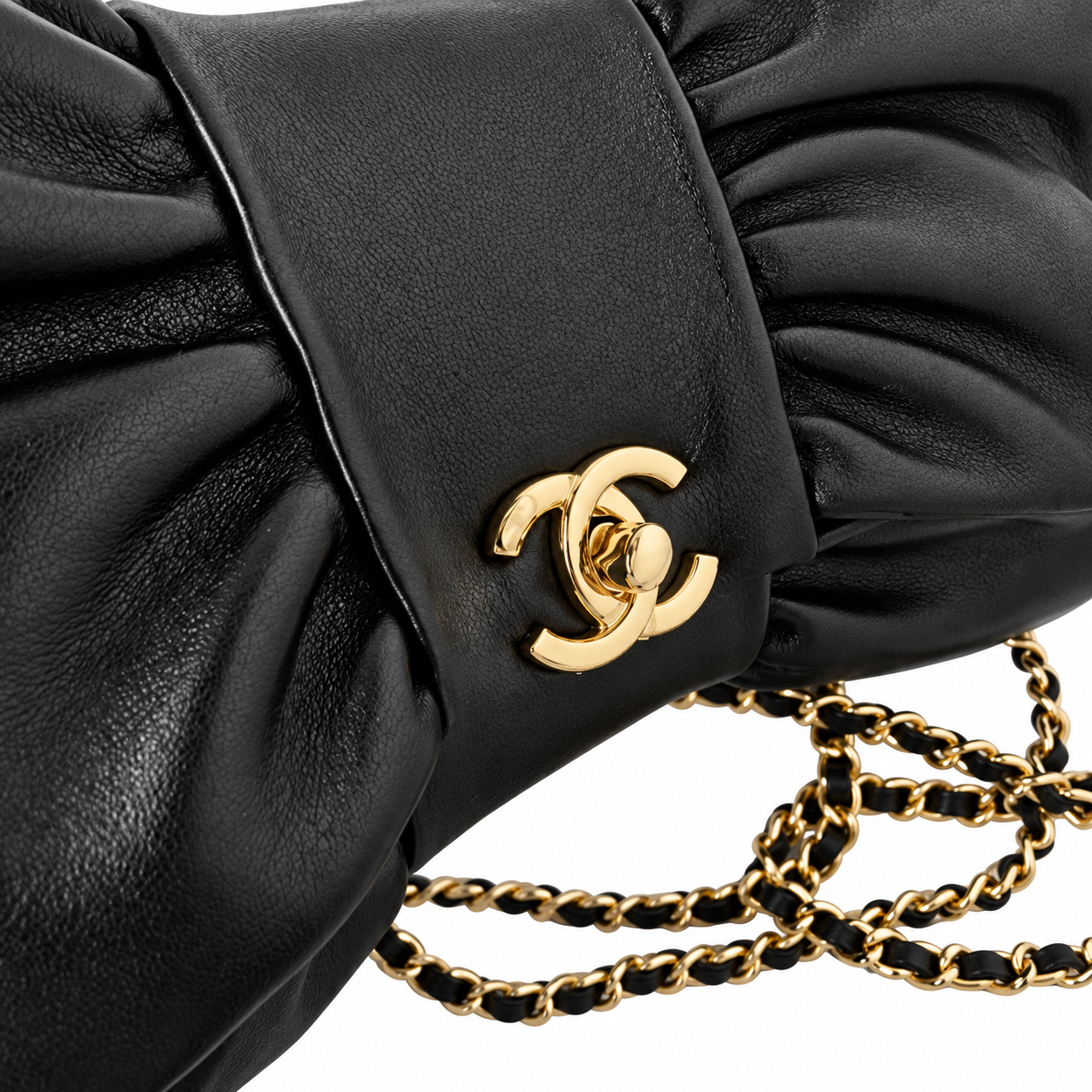 Chanel Bow Bag Ruched Lambskin Chain Shoulder Bag Black 22cm