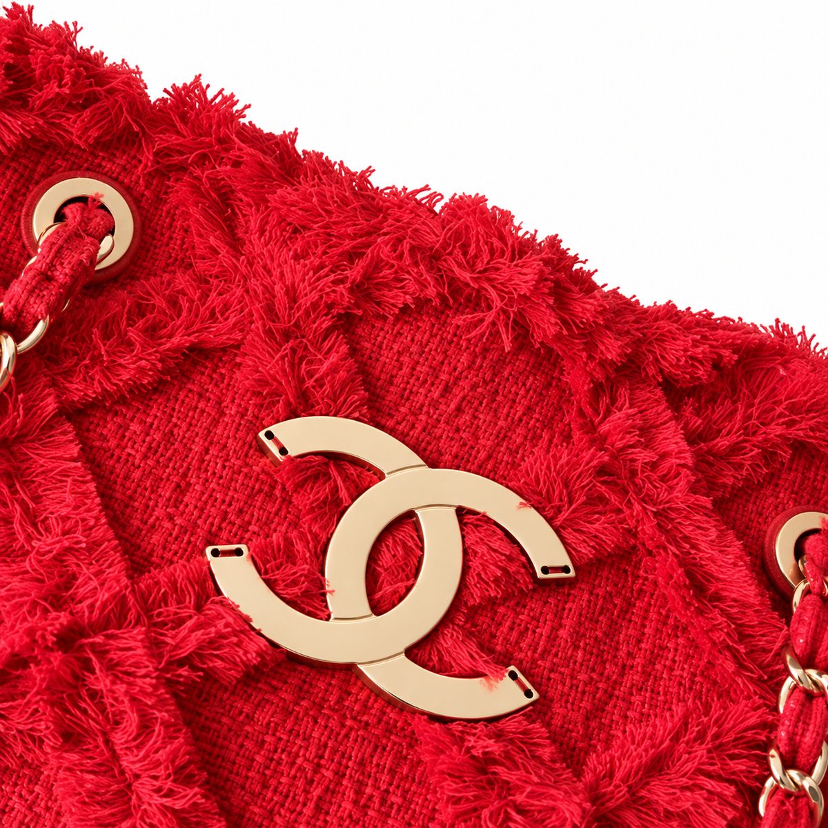 Chanel Large Quilted Fringe Tweed Tote Bag Red Gold 48cm