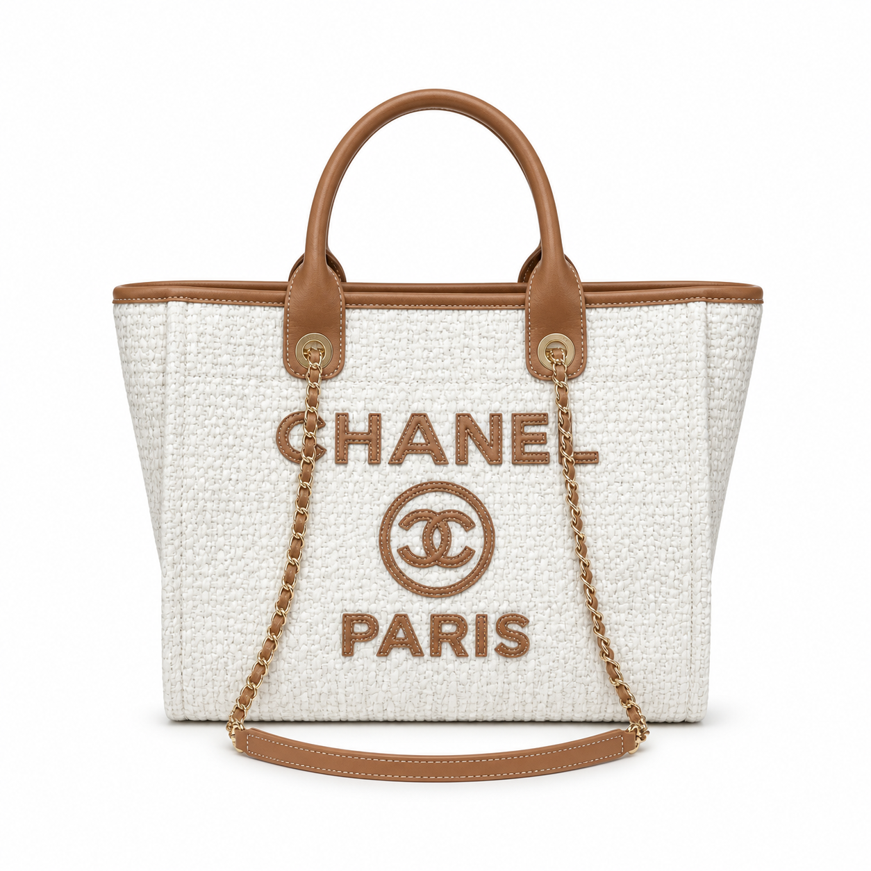 Chanel Deauville Tote Ivory Bouclé | Tan Leather CHANEL CC PARIS Appliqué & Gold Coin — 33cm