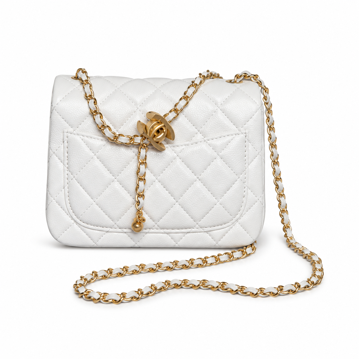 Chanel Mini Square Flap White Lambskin | Oversized CC Turn-Lock & Gold CC Charm — 18cm