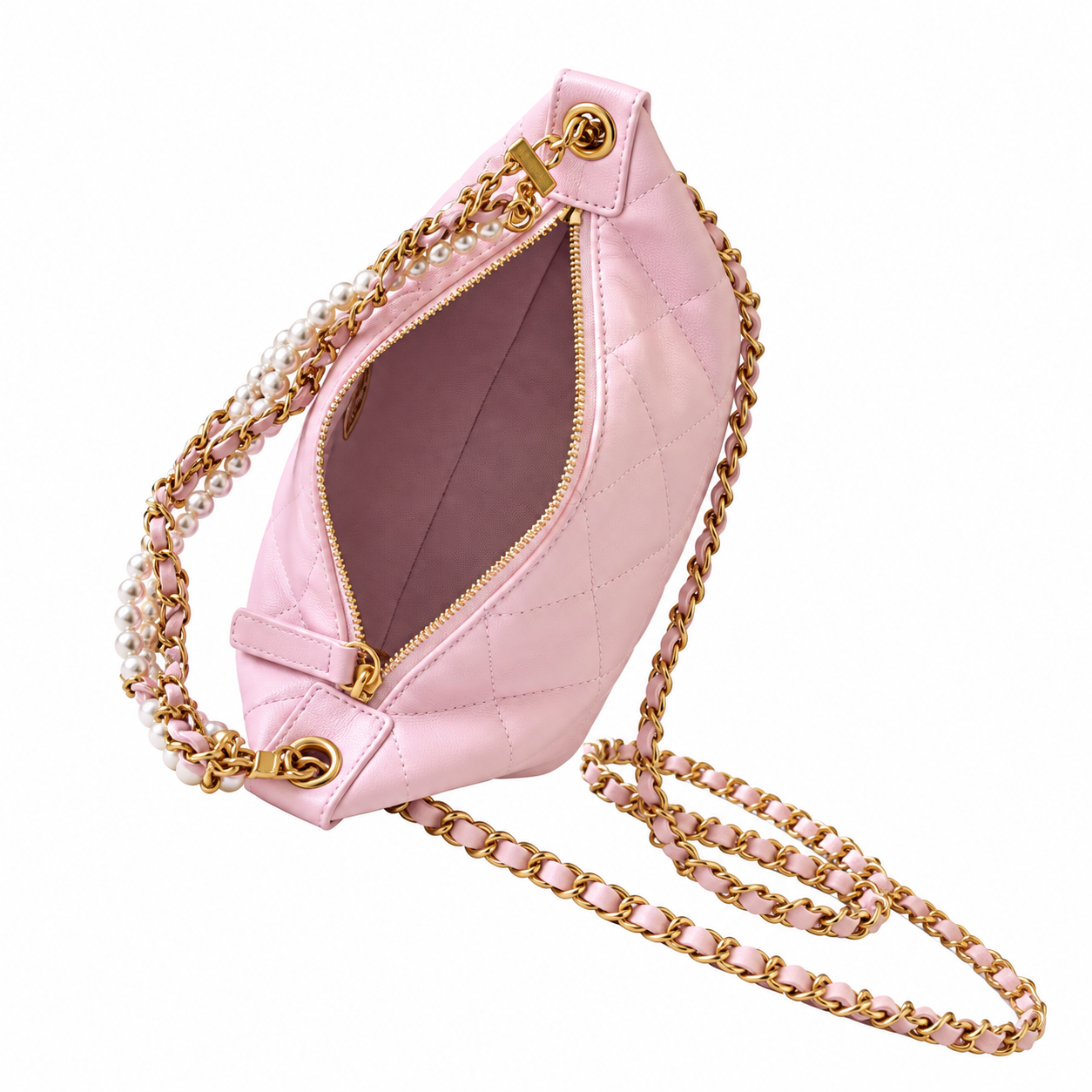 Chanel Quilted Pearl Chain Hobo Bag Pink 13×23.5×7.5cm