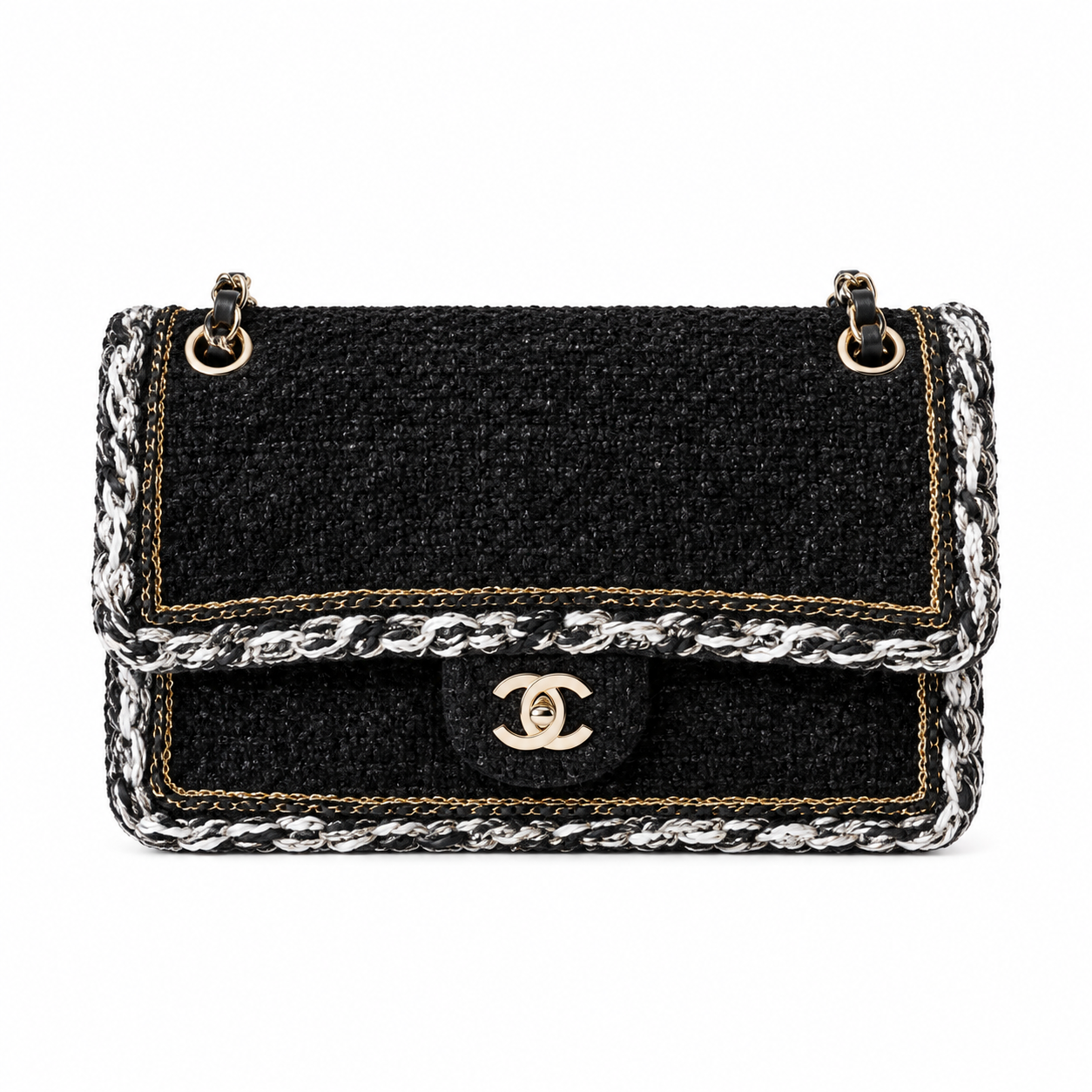 Chanel Classic Double Flap Tweed Black Gold White Trim 25cm