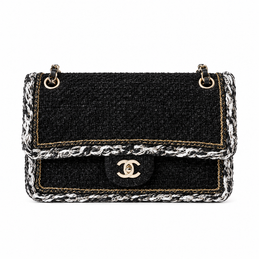 Chanel Classic Double Flap Tweed Black Gold White Trim 25cm