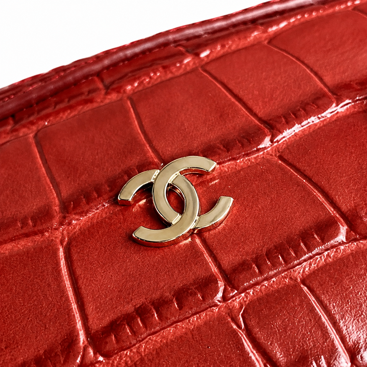 Chanel Cherry Red Croc-Embossed Bowling Bag | Gold CC Badge & Tonal Red Chain