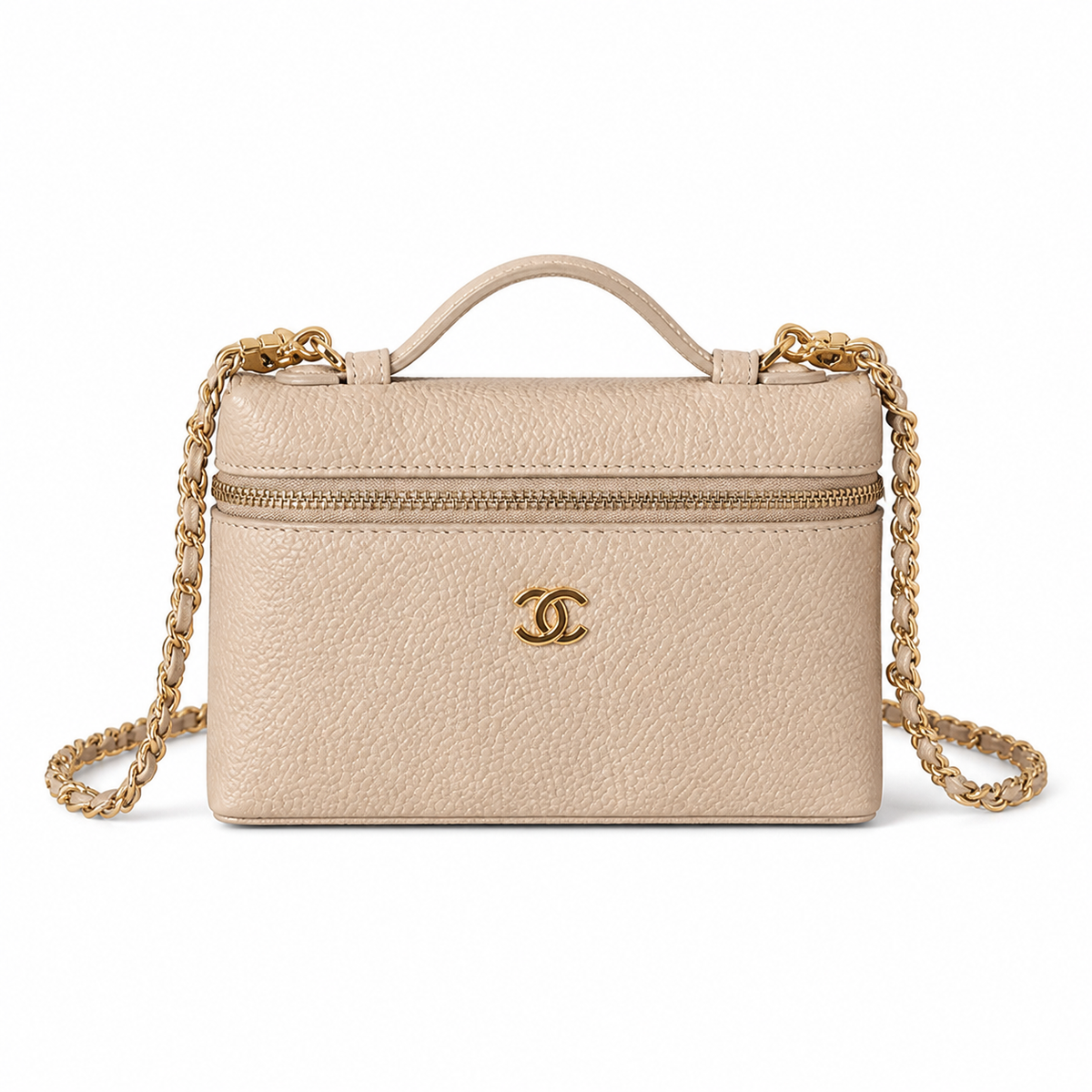 Chanel Cream Pebbled Leather Mini Camera Bag | Top Handle, Zip & Gold Chain