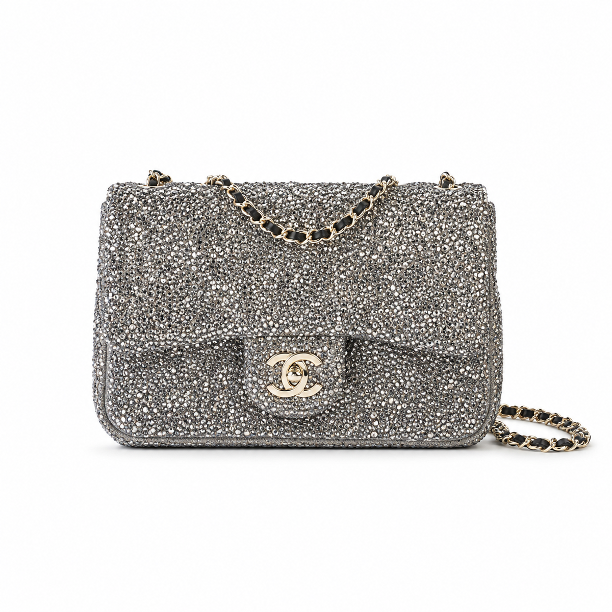 Chanel Grey Suede Monochrome Rhinestone Flap Bag | Silver-Grey Crystal Base, Black Hematite Scatter & Square CC Turn-Lock
