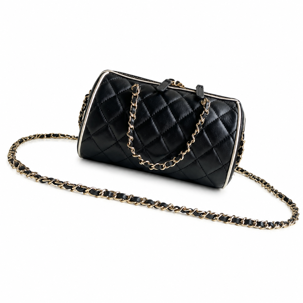 Chanel Quilted Barrel Bag | CC Logo Gold Chain Black White — 11.5x18.5cm