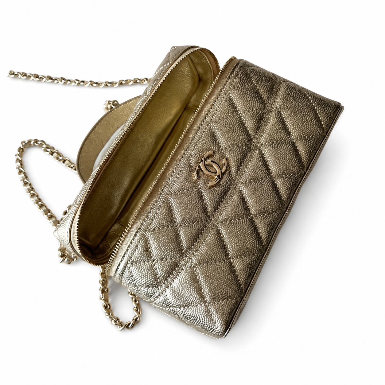 Chanel Gold Metallic Quilted Vanity Box Bag | Top Handle & Long Gold Chain