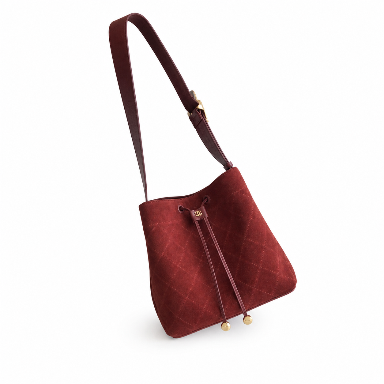 Chanel Bucket Bag Deep Burgundy Quilted Suede | Smooth Leather Strap & Gold Buckle — 23cm