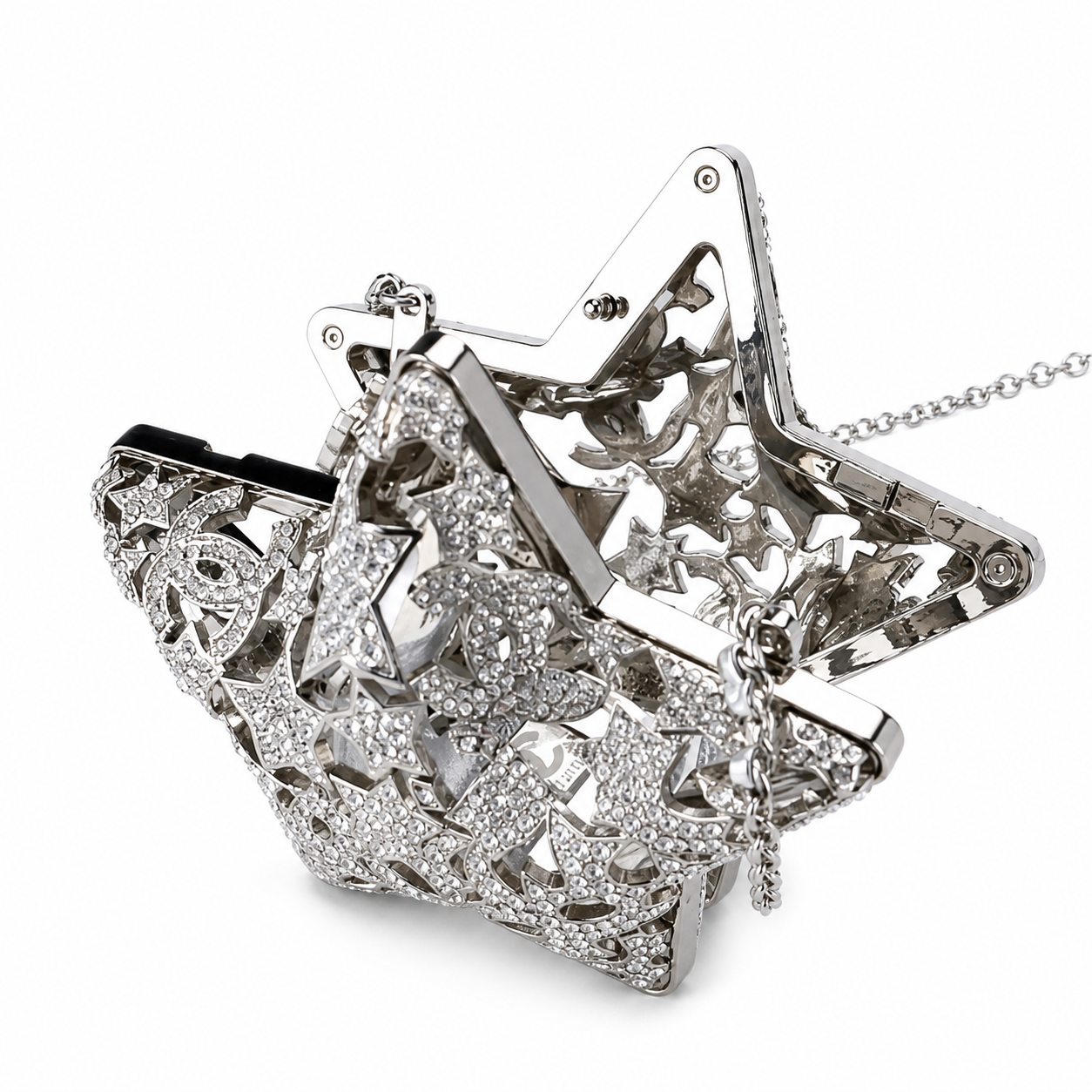 Chanel CC Pavé Crystal Star Minaudiere | Silver Filigree & Chain — 13cm