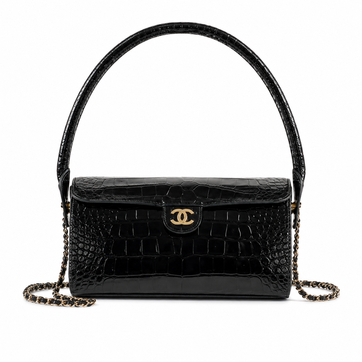 Chanel Black Croc-Embossed Patent Boxy Flap Bag | Arched Handle, Gold Turn-Lock & Chain
