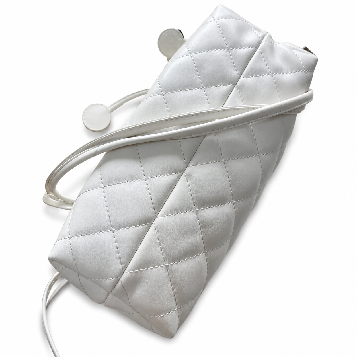 Chanel White Lambskin Quilted Drawstring Bucket Bag | Triple CC Coin Charms & Adjustable Strap