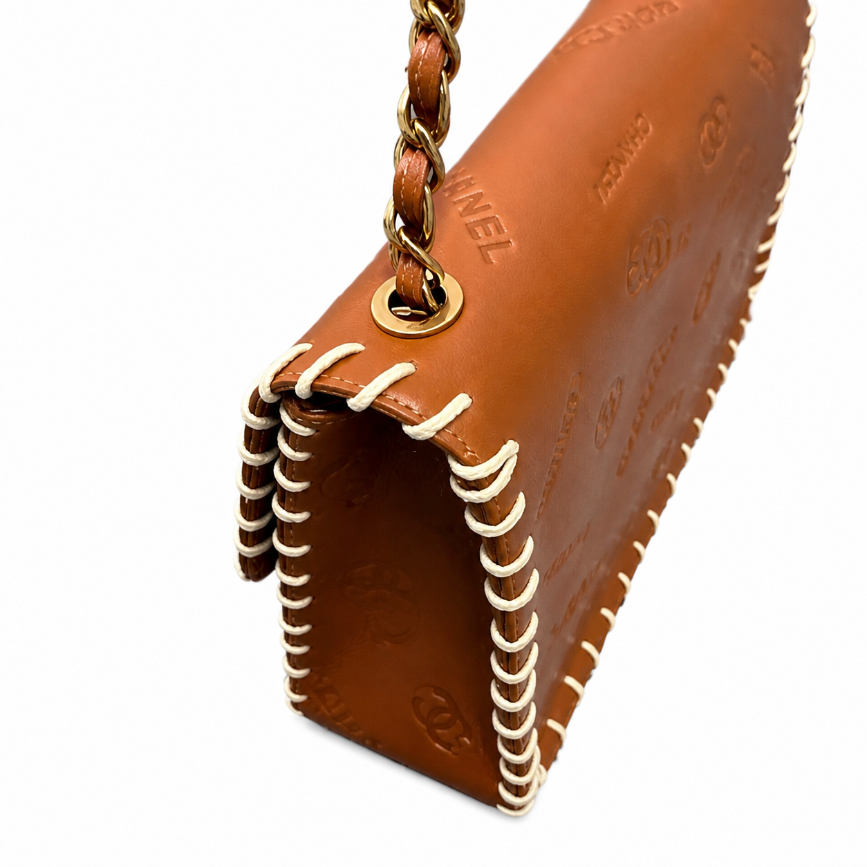 Chanel Large Flap Cognac CC Monogram Embossed | White Whipstitch & Gold Chain — 34cm