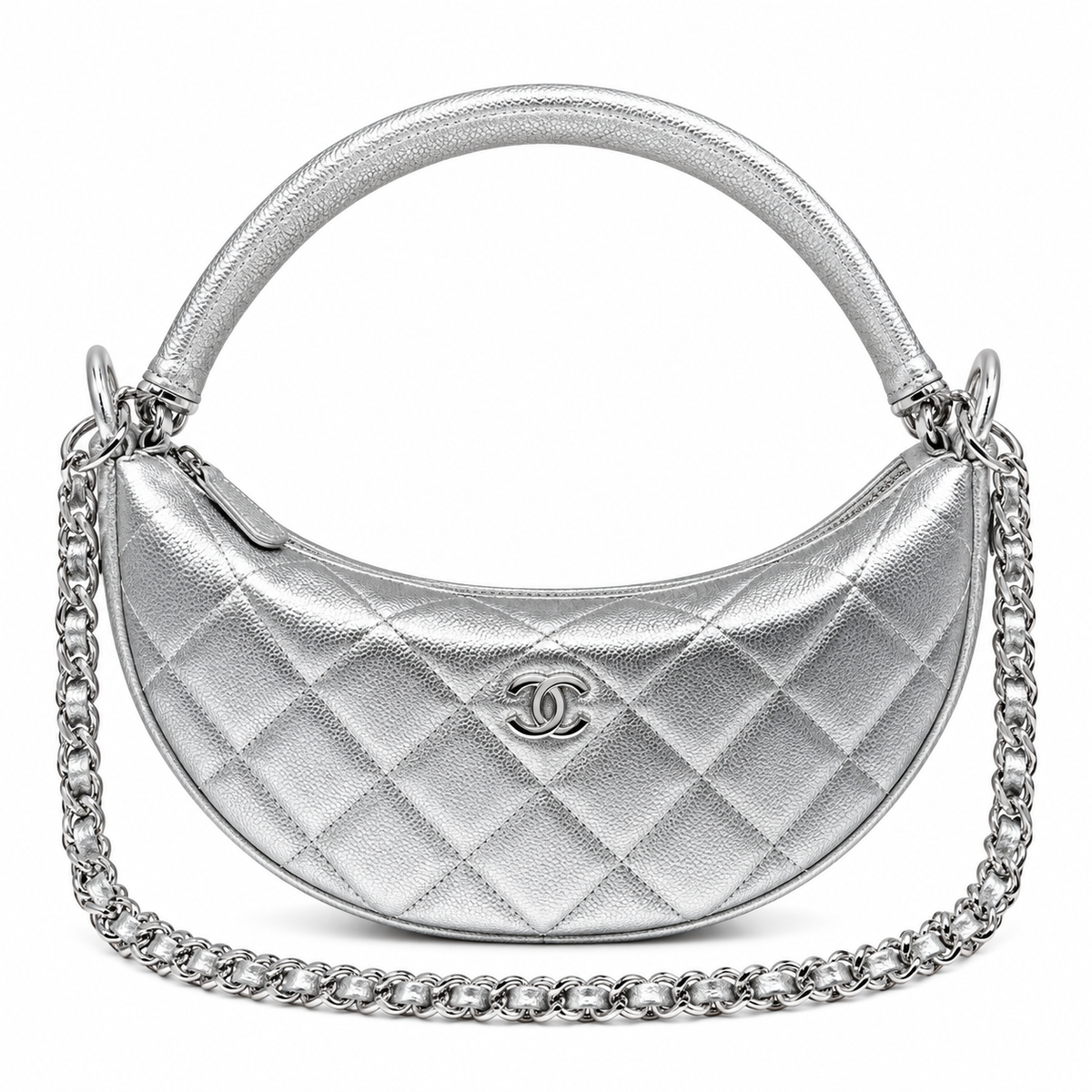 Chanel Crescent Hobo Quilted Metallic Caviar Silver Leather Handle 22cm
