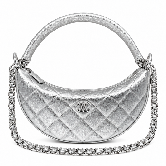 Chanel Crescent Hobo Quilted Metallic Caviar Silver Leather Handle 22cm